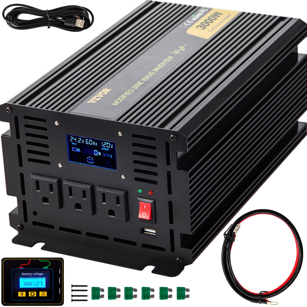 Inversor de corriente VEVOR, inversor de onda sinusoidal modificada de 3000 W, convertidor de coche de 24 V CC a 120 V CA, con pantalla LCD