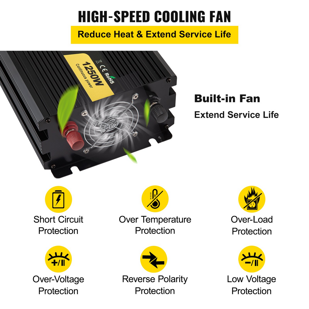 VEVOR Inversor de corriente de onda sinusoidal modificada de 1250 W, convertidor de coche de CC de 12 V a CA de 120 V, con mando a distancia LCD, indicador LED, inversor de salidas de CA