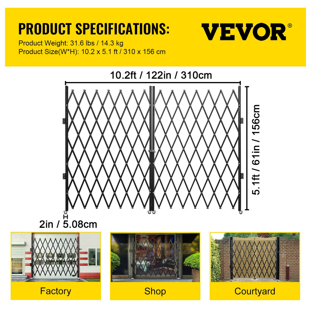 VEVOR Puerta de seguridad plegable doble, puerta plegable de 5.1' de alto x 10.2' de ancho, puerta de seguridad de acordeón de acero