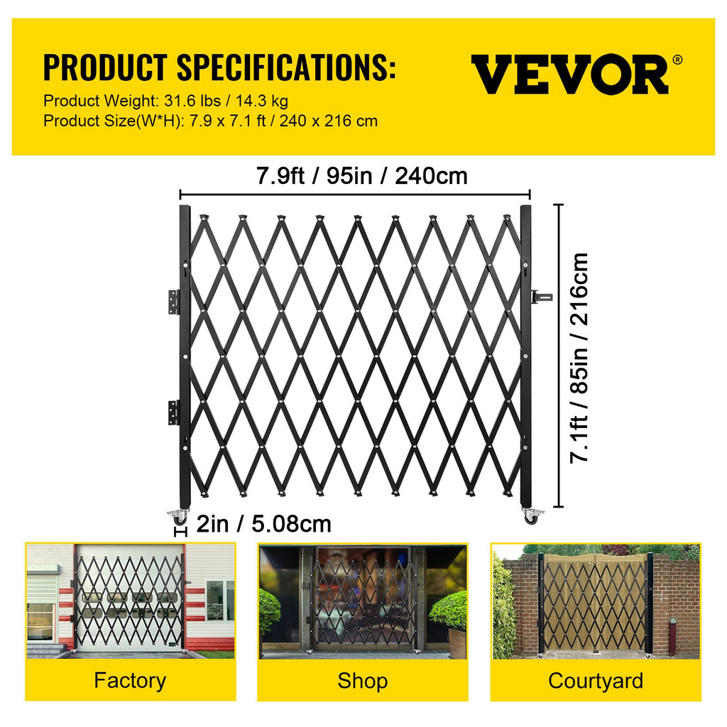 VEVOR Puerta de seguridad plegable individual, 7.1'H x 7.9' W （85 x 95 pulgadas）Puerta plegable, acordeón de acero