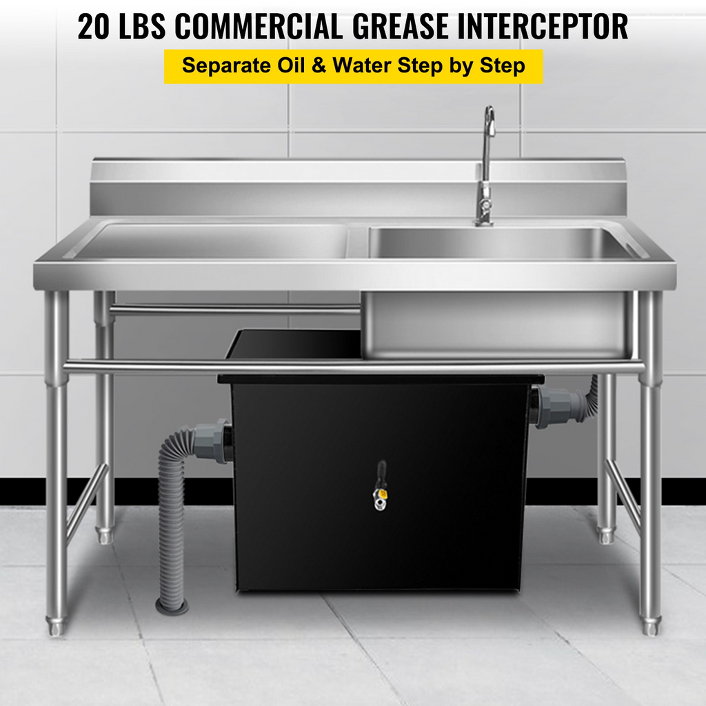 VEVOR trampa Interceptora de grasa comercial 20 LB de acero al carbono 10 GPM con entrada de agua lateral para restaurante, cantina, fábrica, cocina casera