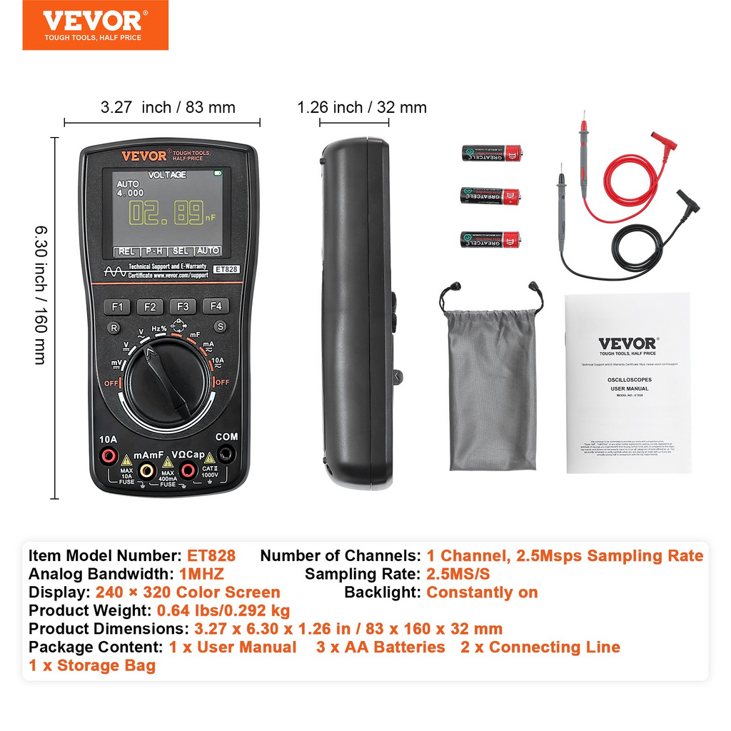 VEVOR 2-in-1 Handheld Digital Oscilloscope, 2.5MS/S Sampling Rate, 1MHZ Bandwidth Portable Oscilloscope Multimeter with 2.4in LCD and Storage Bag, for Automotive Repair Electronic Circuit Testing