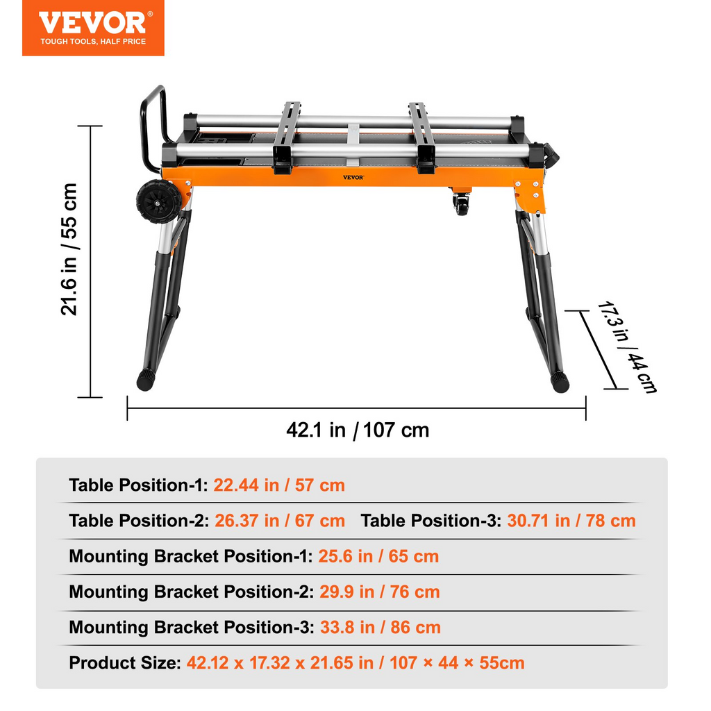 VEVOR Soporte para sierra ingletadora, soporte plegable para sierra ingletadora de 42 pulgadas con salidas integradas desmontable 5 en 1, altura ajustable, capacidad de carga de 330 libras