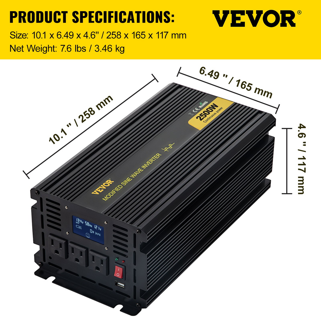 VEVOR Inversor de corriente de onda sinusoidal modificada de 2500 W, convertidor de coche de CC de 12 V a CA de 120 V, con pantalla LCD, mando a distancia