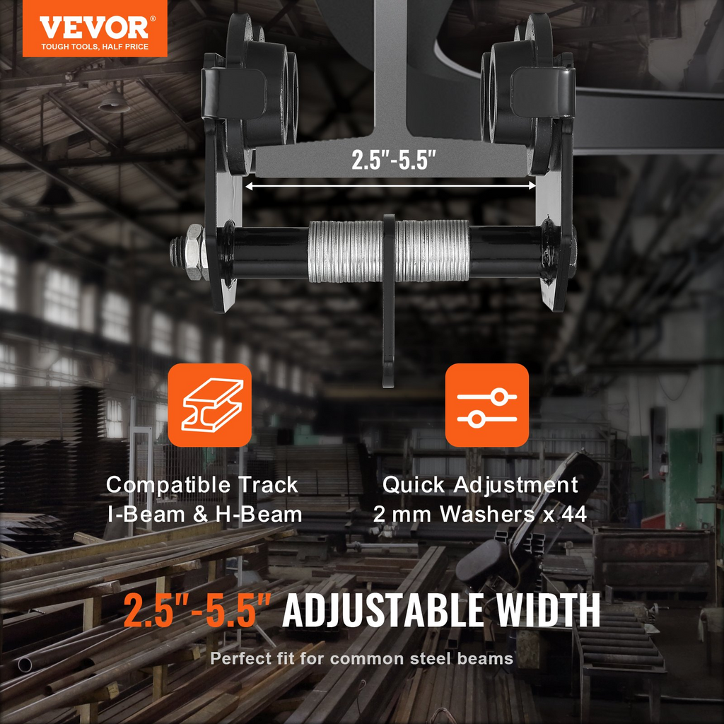 VEVOR Manual Trolley, 1100 lbs/0.5 Ton Load Capacity Push Beam Trolley with Dual Wheels, Adjustable for I-Beam Flange Width 2.5" to 5.5", Heavy Duty Alloy Steel Garage Hoist for Straight Curved I Beam