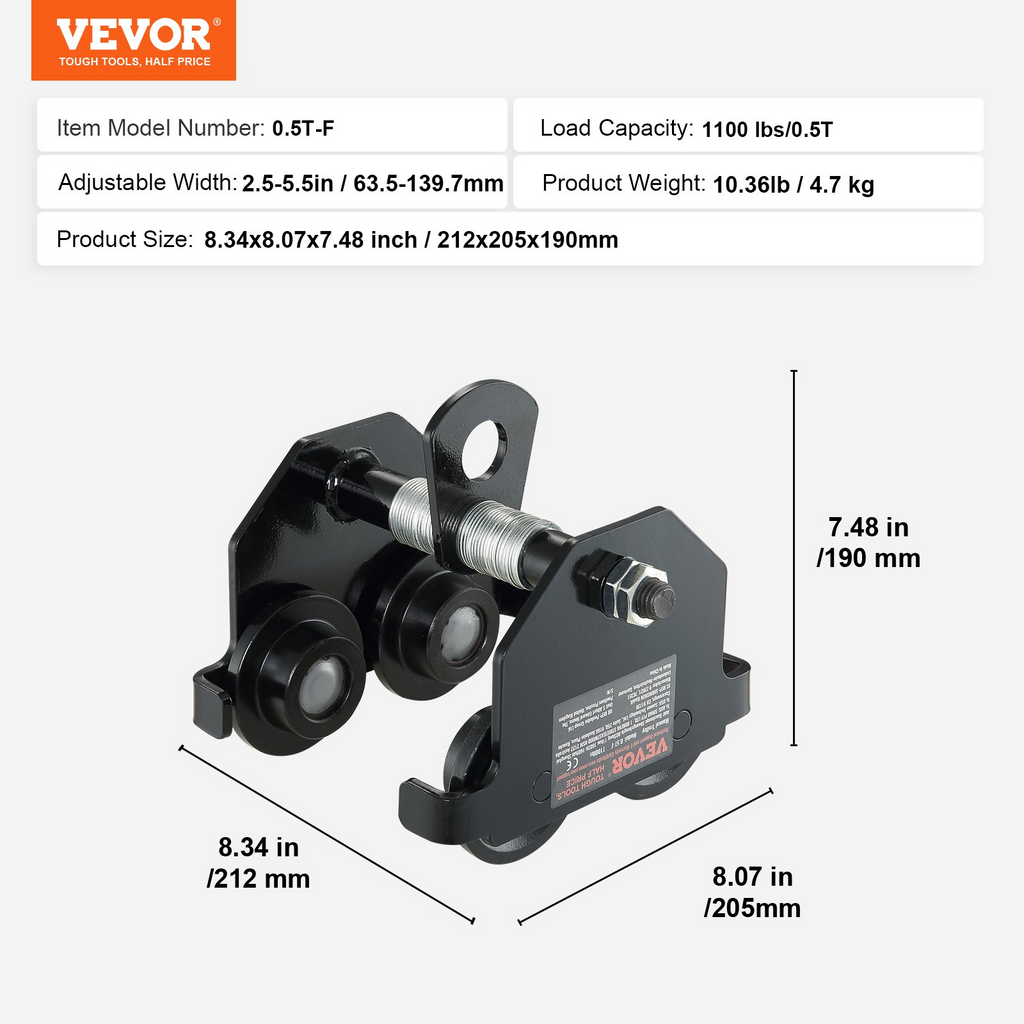 VEVOR Manual Trolley, 1100 lbs/0.5 Ton Load Capacity Push Beam Trolley with Dual Wheels, Adjustable for I-Beam Flange Width 2.5" to 5.5", Heavy Duty Alloy Steel Garage Hoist for Straight Curved I Beam