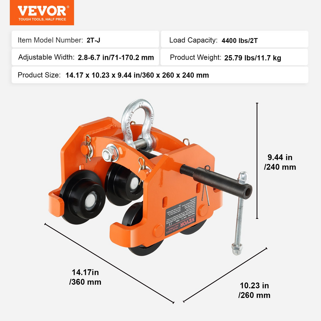 VEVOR Carro manual capacidad de carga de 4400 lbs/2 toneladas, carro de viga de empuje con ruedas dobles, ajustable para ancho de brida de viga en I de 2.8" a 6.7"