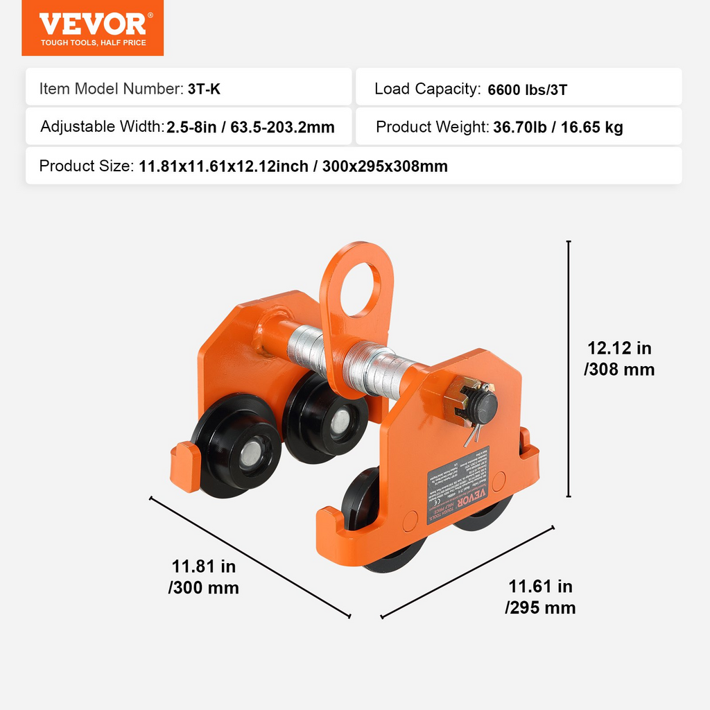 VEVOR Carro manual, capacidad de carga de 6600 lbs/3 toneladas, carro de viga de empuje con ruedas dobles, ajustable para ancho de brida de viga en I de 2.5" a 8"