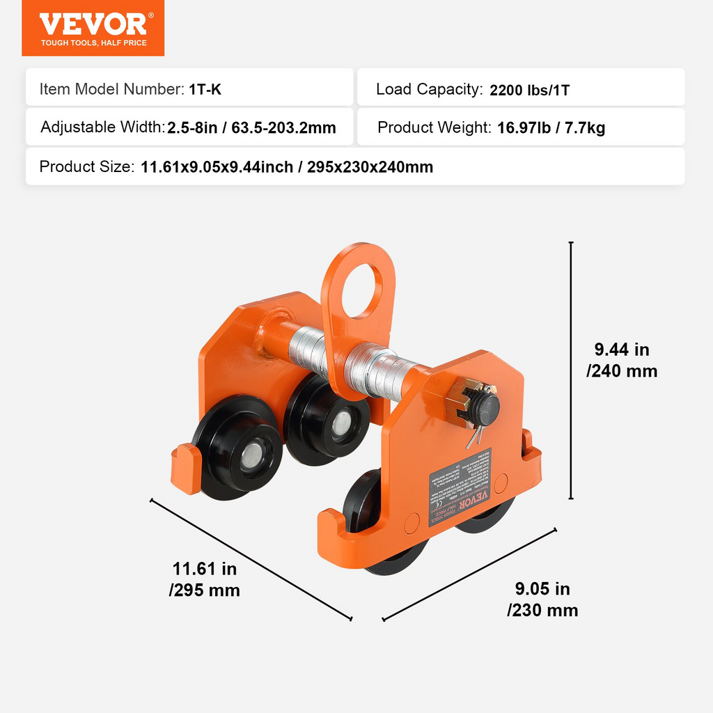 VEVOR Carro manual, capacidad de carga de 2200 lbs/1 tonelada, carro de viga de empuje con ruedas dobles, ajustable para ancho de brida de viga en I de 2.5" a 8"