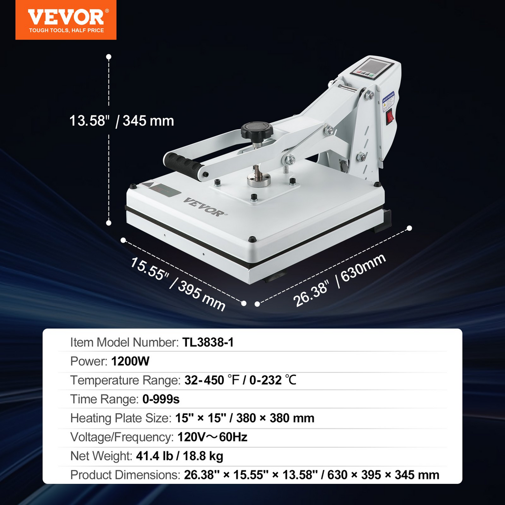 VEVOR Prensa de Calor, Máquina de Prensa de Calor 15x15, Calentamiento Rápido, Máquina de Prensa Impresora de Sublimación Industrial Digital