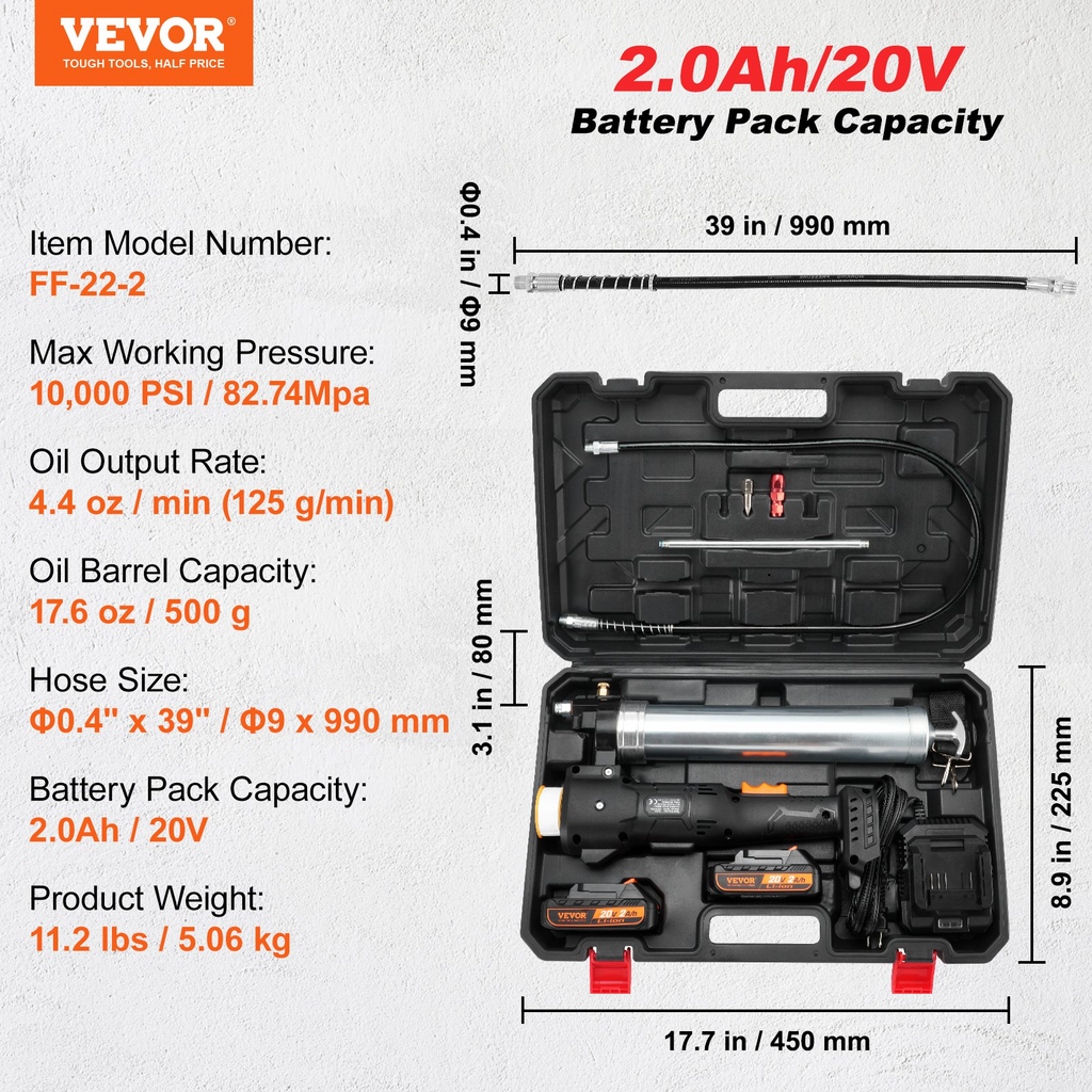 VEVOR Pistola engrasadora inalámbrica, 20 voltios, 10,000 PSI, manguera de 39 pulgadas de largo