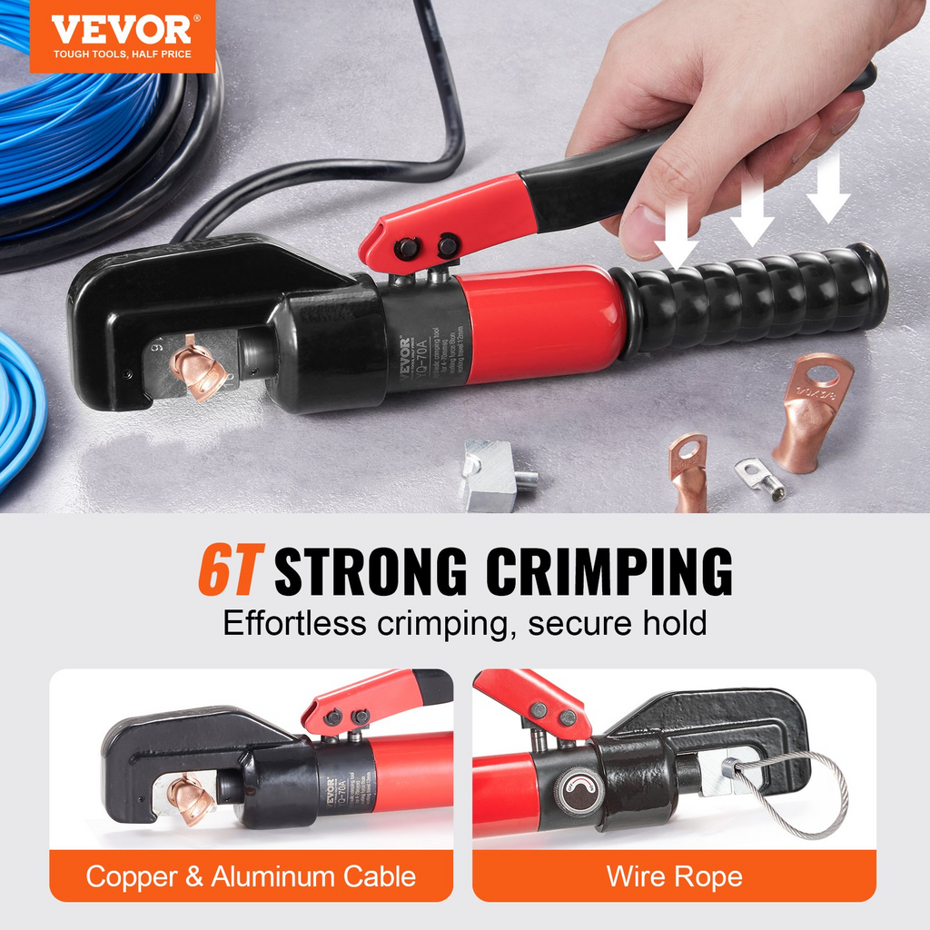 VEVOR Hydraulic Crimping Tool with 9 Sets of  Dies AWG12-2/0 Copper And Aluminum Terminal Battery Lug Crimper, with a Cutting Pliers, Gloves, 10pcs Copper Ring Connectors, 8pcs Heat Shrink Sleeves