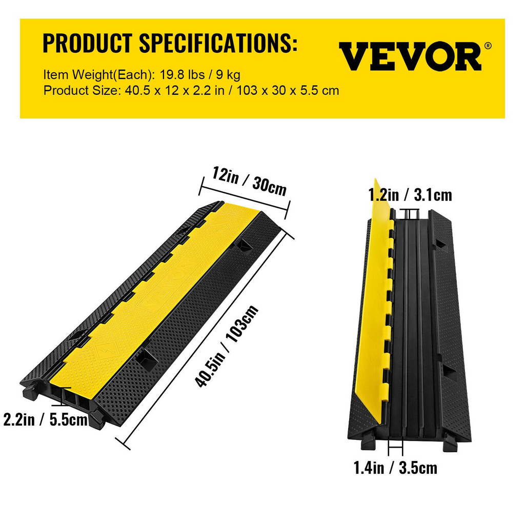 VEVOR 1 Pack of 3-Channel Rubber Cable Protector Ramps Heavy Duty 44000Lbs Load Capacity Cable Wire Cord Cover Ramp Speed Bump Driveway Hose Cable Ramp Protective Cover