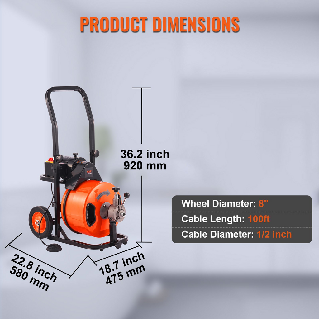 VEVOR Máquina limpiadora de drenaje de 100 pies x 1/2 pulgada, alimentación automática de barrena de alcantarillado con 4 cortadores e interruptor de pie activado por aire