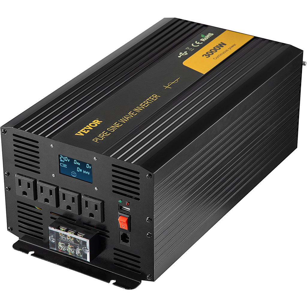 VEVOR Inversor de onda sinusoidal pura de 3000 W, inversor de corriente de 24 V CC a 120 V CA, con puerto USB, pantalla LCD, mando a distancia y salidas de CA