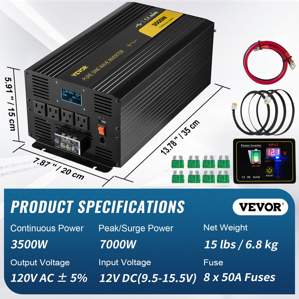 VEVOR Inversor de onda sinusoidal pura de 3500 W, inversor de corriente de 12 V CC a 120 V CA, con puerto USB, pantalla LCD, mando a distancia y salidas de CA