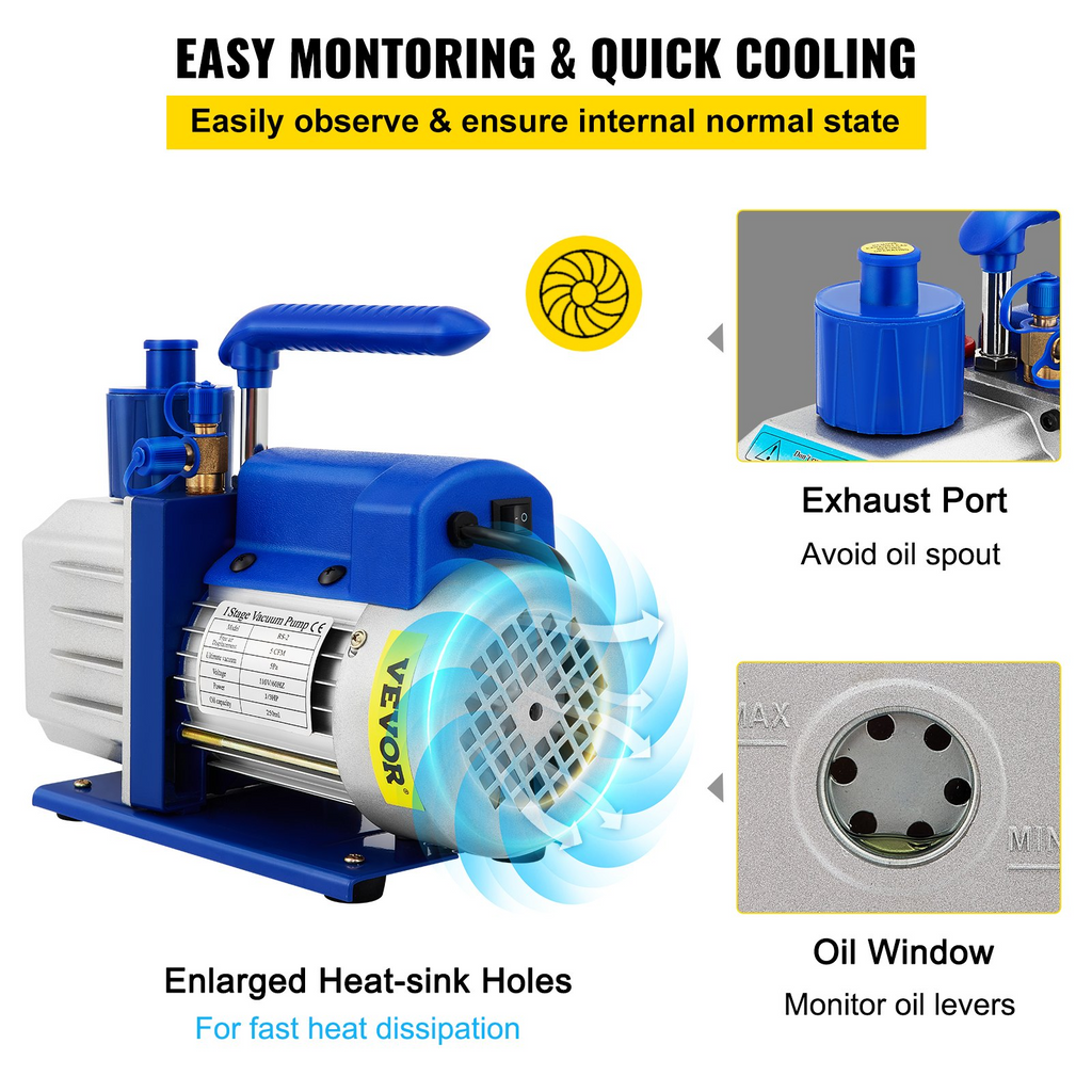 VEVOR Cámara de vacío con bomba, cámara de 5 galones, 5 CFM 1/3 HP bomba de vacío de paletas rotativas de una sola etapa, juego de herramientas de aire HVAC de 110 V para estabilizar madera, desgasificar siliconas, epoxis y aceites esenciales