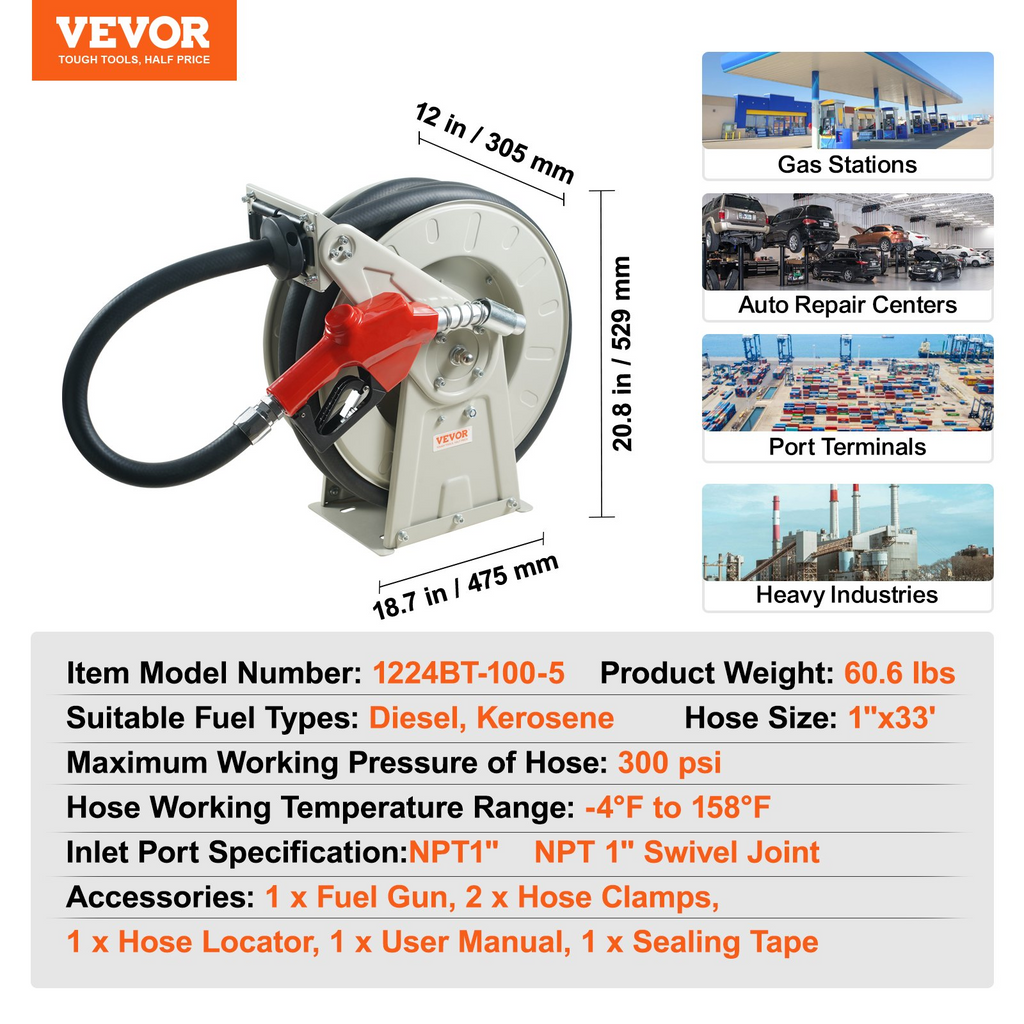 VEVOR Carrete de manguera de combustible, 1" x 33' retráctil extra largo, construcción de acero al carbono resistente con boquilla de combustible automática