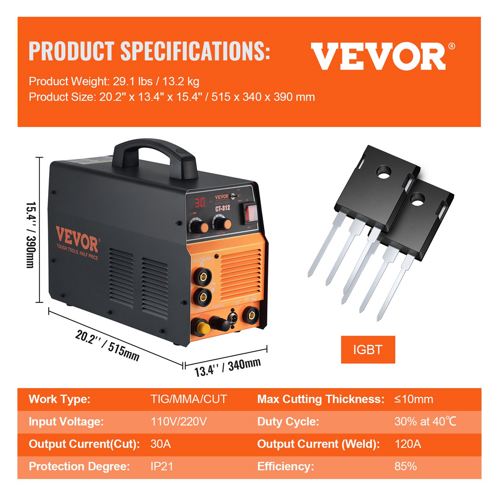 VEVOR Máquina soldadora cortadora de plasma 3 en 1, máquina combinada de cortadora de plasma CT-312 TIG/MMA, arco piloto sin contacto, cortadora de plasma de 30 A, soldadora TIG/Stick de 120 amperios, inversor IGBT de doble voltaje digital de 110/220 V