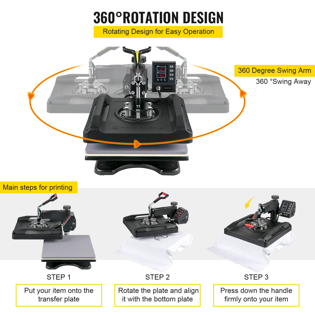 VEVOR Máquina de prensa de calor 8 en 1 de 15 x 15 pulgadas de 800 W  abatible de rotación de 360°