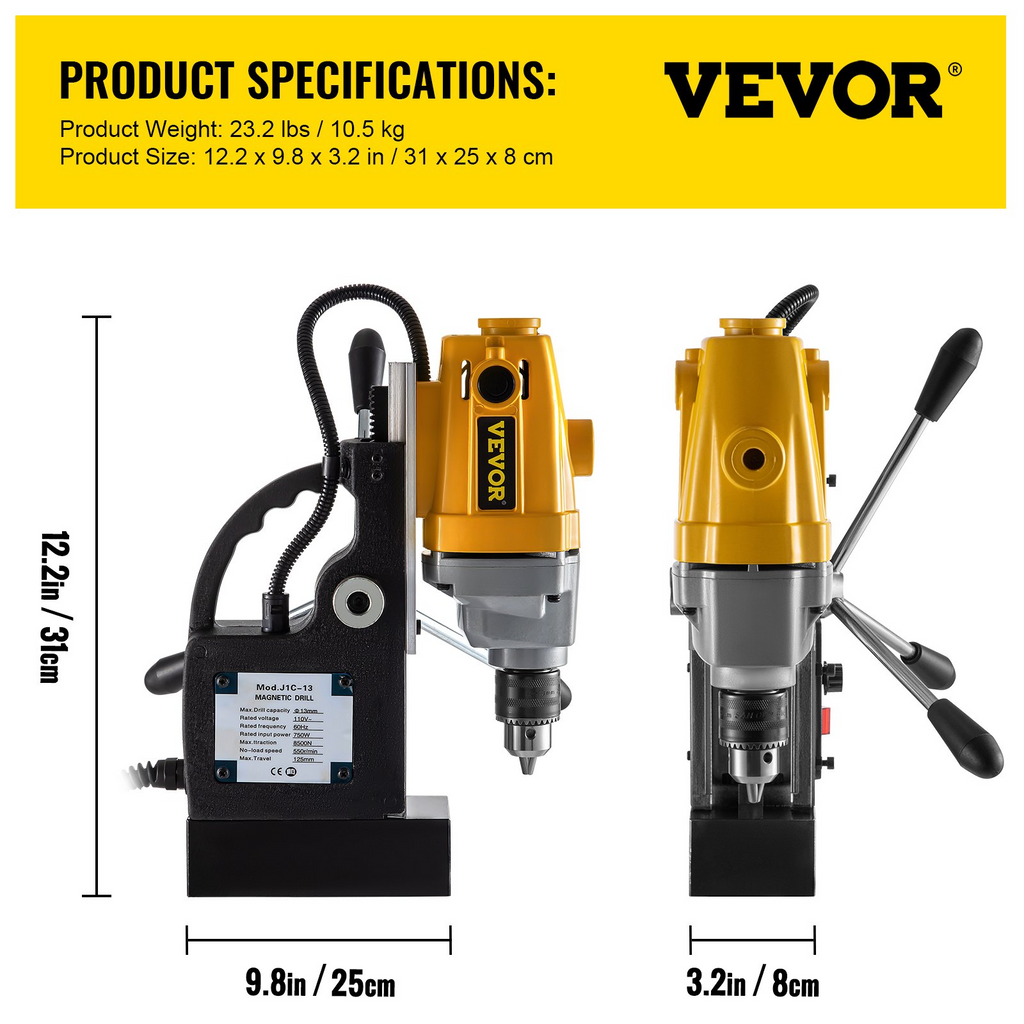 Taladro magnético VEVOR, prensa de taladro electromagnética de velocidad continua de 0-550 RPM 750 W