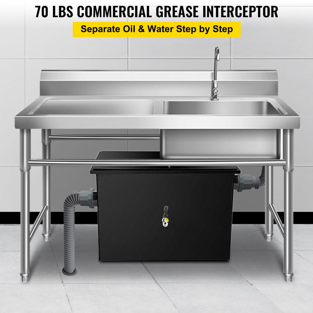 VEVOR trampa Interceptora de grasa comercial 70 LB acero al carbono 35 GPM con entrada de agua lateral para restaurante, cantina, fábrica, cocina casera