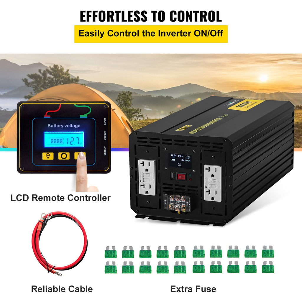 Inversor de corriente VEVOR, inversor de onda sinusoidal modificada de 5000 W, convertidor de coche de CC de 12 V a CA de 110 V, con pantalla LCD, mando a distancia, indicador LED