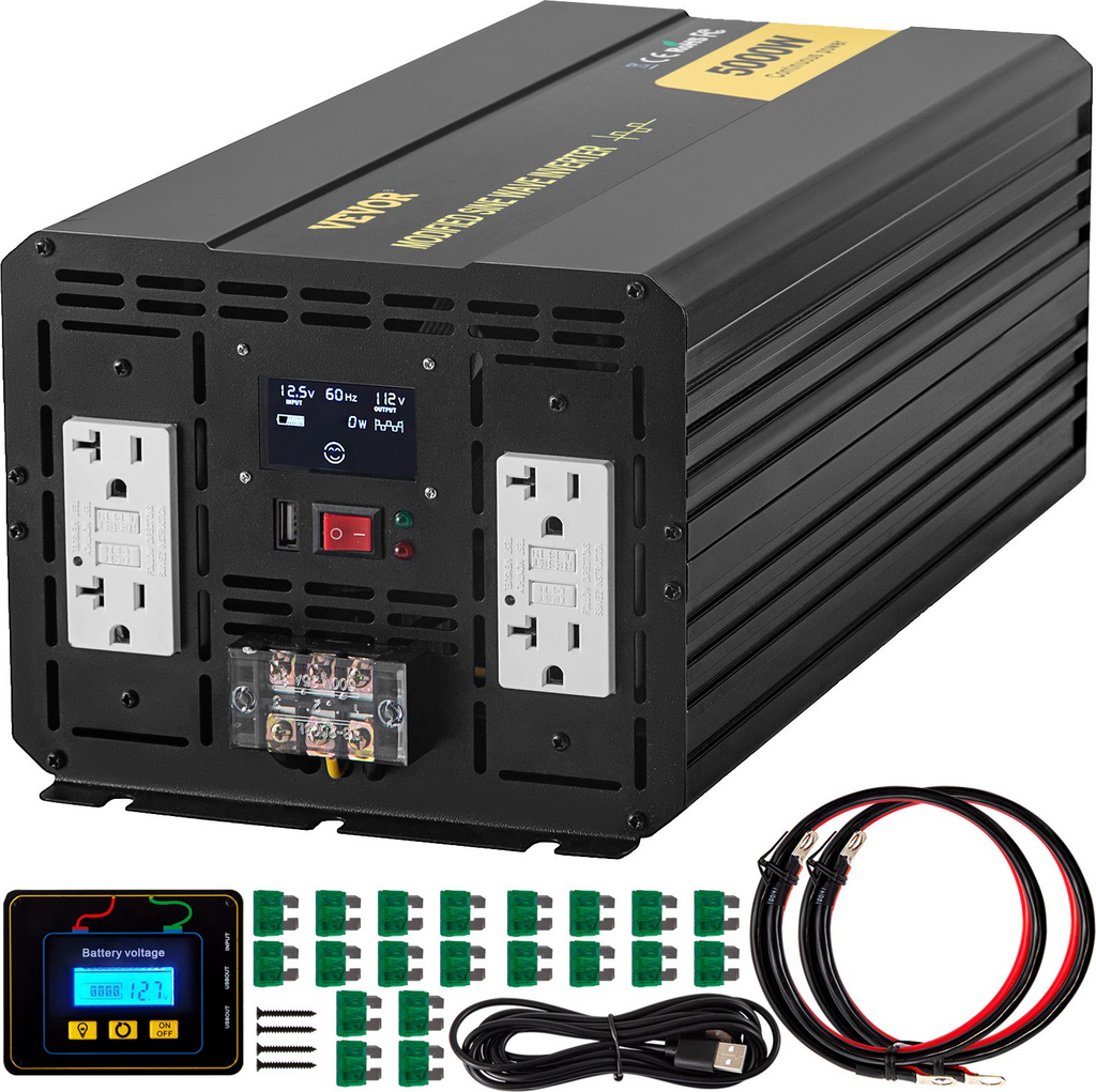 Inversor de corriente VEVOR, inversor de onda sinusoidal modificada de 5000 W, convertidor de coche de CC de 12 V a CA de 110 V, con pantalla LCD, mando a distancia, indicador LED