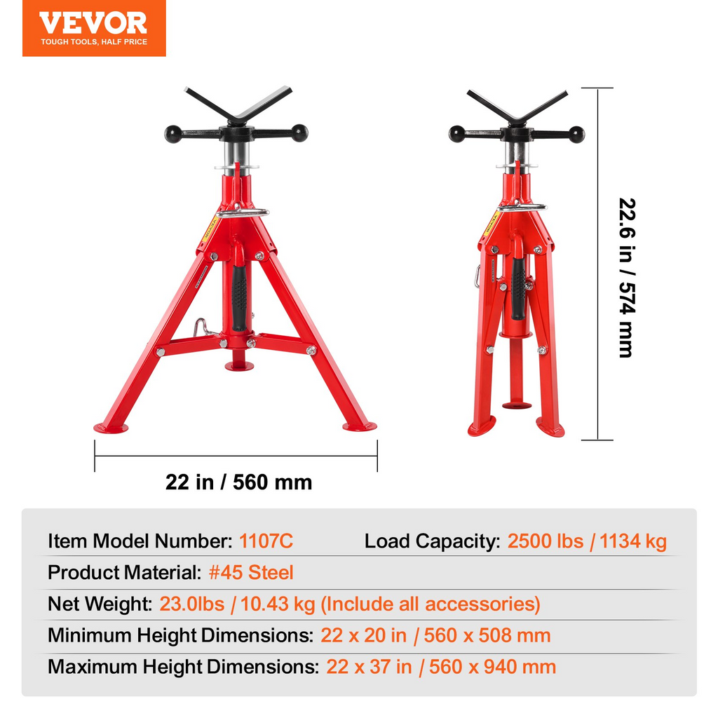 VEVOR Soporte para tubería con cabeza en V, capacidad de 1/8"-12", altura ajustable de 20"-37" capacidad de carga de 2500 lb