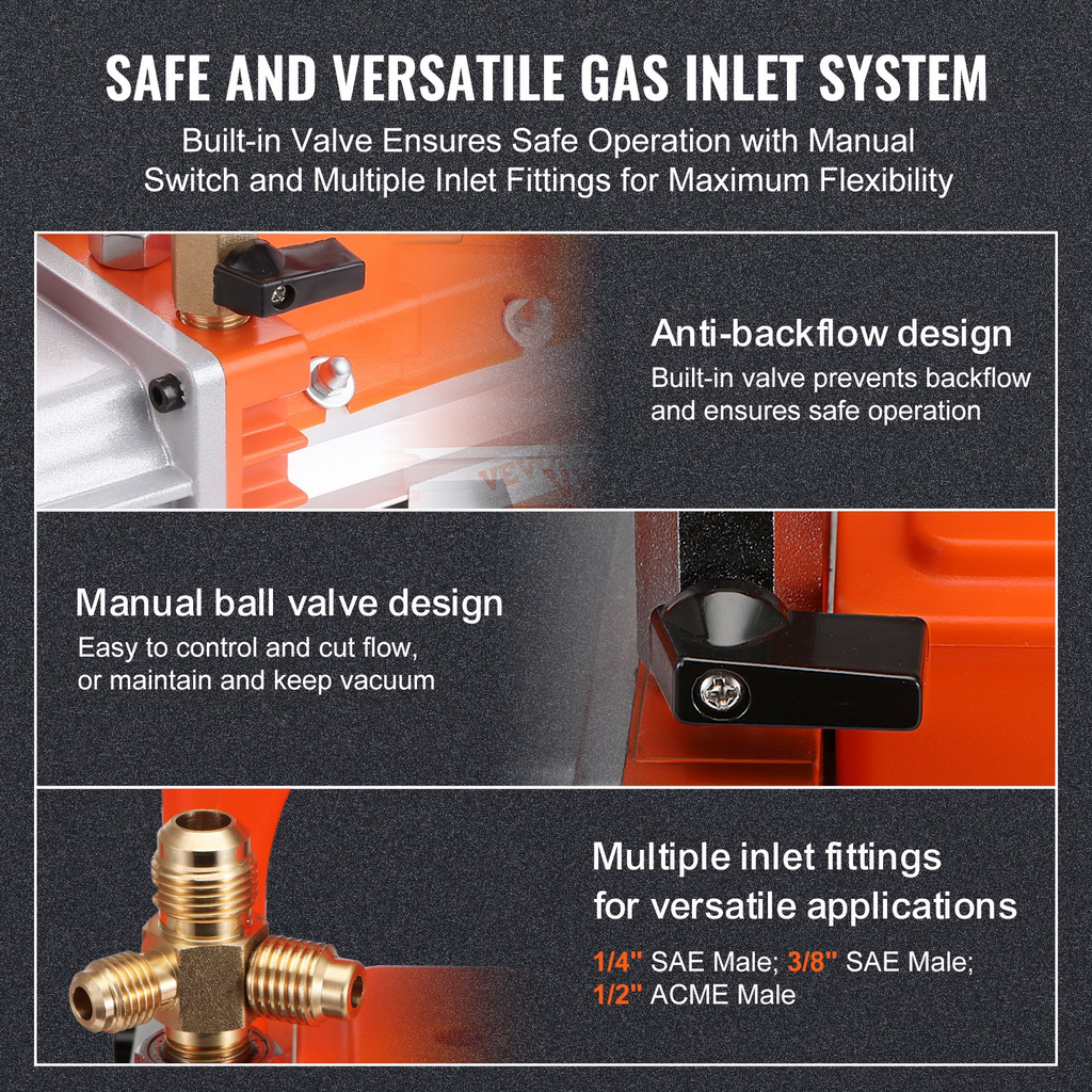 VEVOR 1/3 HP 2 Stage Rotary Vane Vacuum Pump, 5 CFM, 120V Air Conditioning Vacuum Pump, 1/4" SAE Male 3/8" SAE Male 1/2" ACME Male Inlet, for HVAC Repair, Refrigeration Maintenance, Resin Degassing
