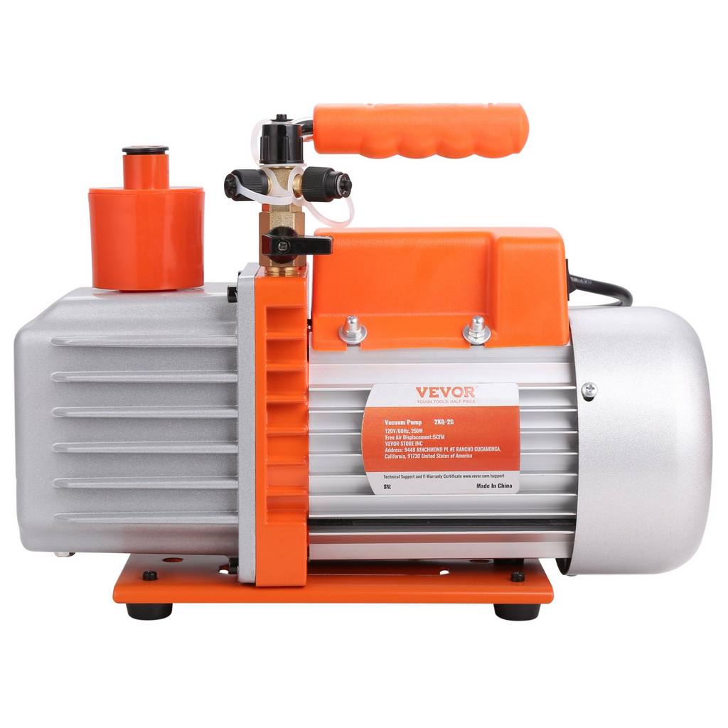 VEVOR 1/3 HP 2 Stage Rotary Vane Vacuum Pump, 5 CFM, 120V Air Conditioning Vacuum Pump, 1/4" SAE Male 3/8" SAE Male 1/2" ACME Male Inlet, for HVAC Repair, Refrigeration Maintenance, Resin Degassing