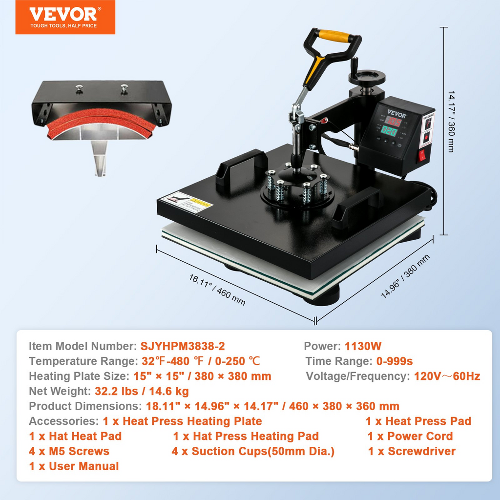 VEVOR máquina de prensado en caliente 2 en 1, 15x15 pulgadas, transferencia de impresión por sublimación, gorra de camiseta DIY