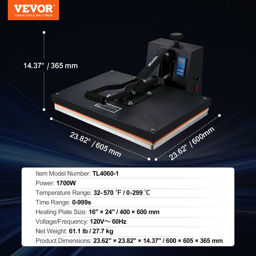 VEVOR Prensa de Calor 16x24 de Potencia de 1700 W