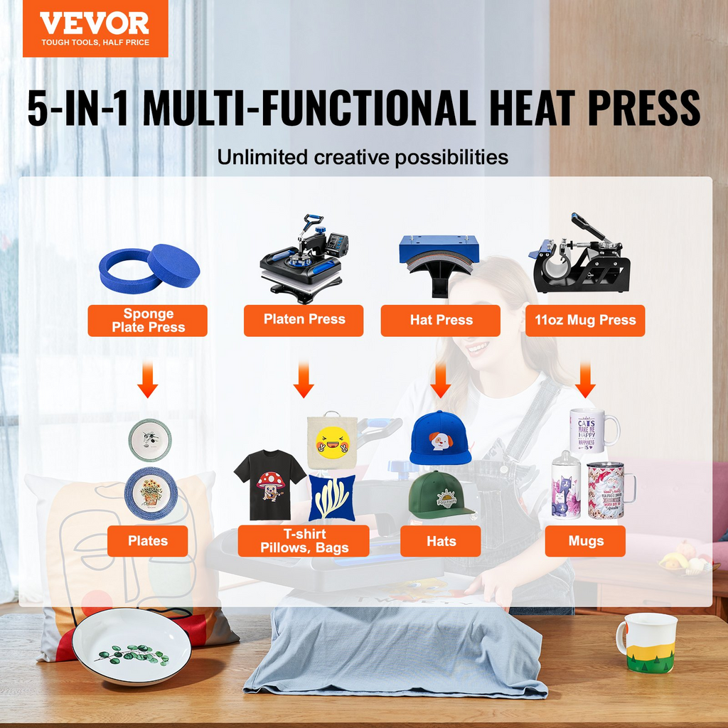 VEVOR Máquina de prensa de calor 12 x 15, prensa de calor de 800 W para sublimación 5 en 1, transferencia de prensa de calor digital dual, calor uniforme para camisetas, placa de tapa de taza, azul