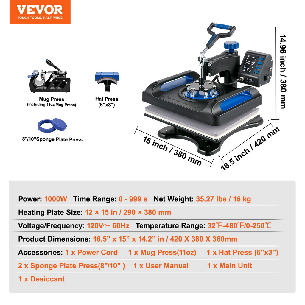 VEVOR Máquina de prensa de calor 12 x 15, prensa de calor de 800 W para sublimación 5 en 1, transferencia de prensa de calor digital dual, calor uniforme para camisetas, placa de tapa de taza, azul