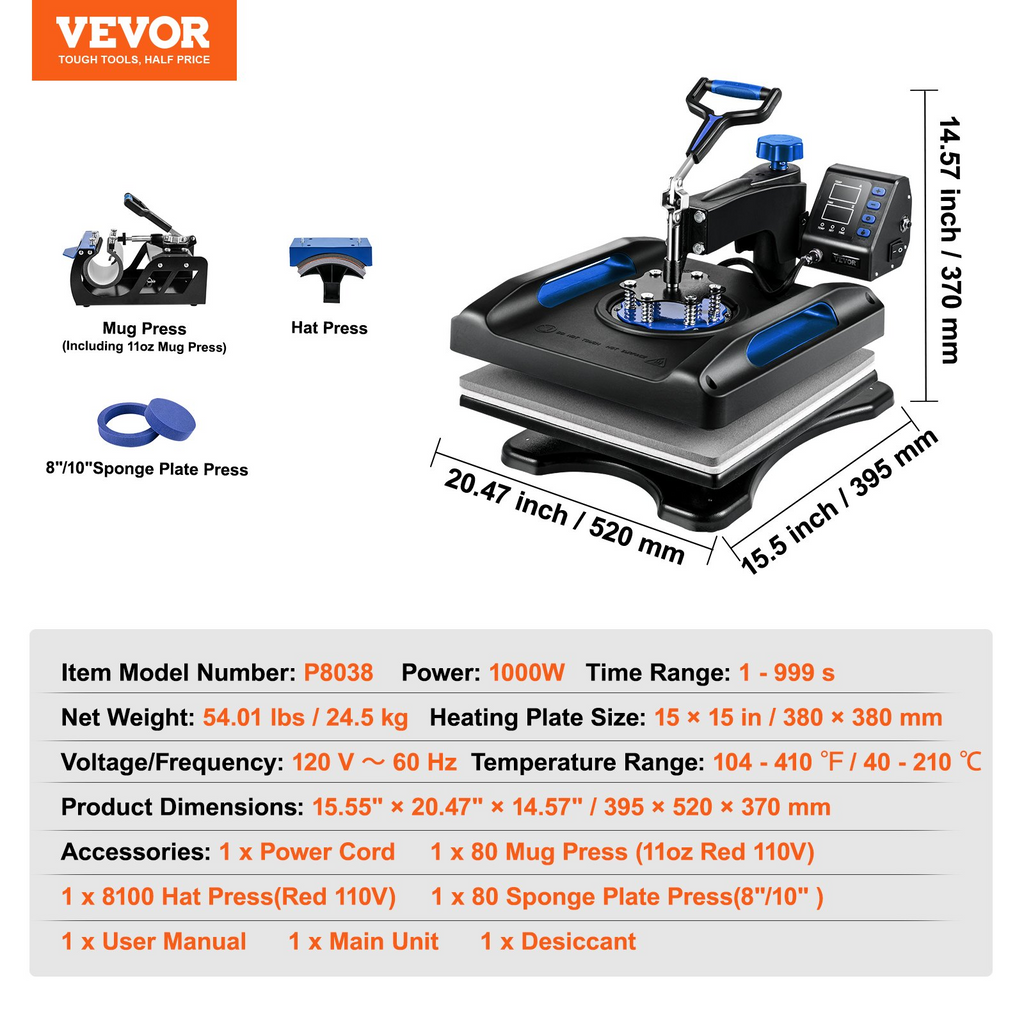 VEVOR Prensa de calor 15x15, máquina de prensa de calor mejorada 5 en 1, anti-escaldaduras, calentamiento rápido, control digital oscilante prensa de calor multifunción para sublimación