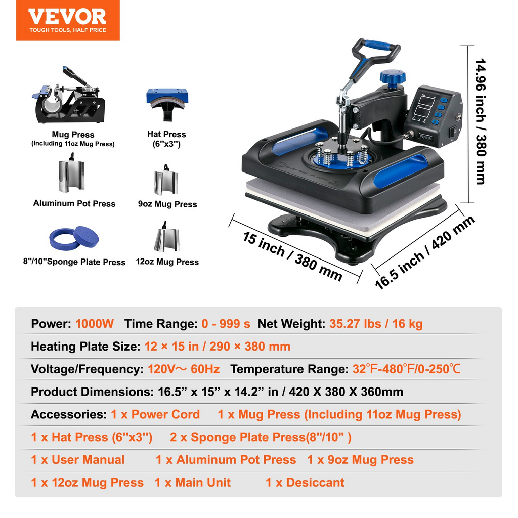 VEVOR Máquina de prensa de calor 12 x 15 pulgadas 8 en 1  sublimación  calor Rotación de 360°  8 en 1