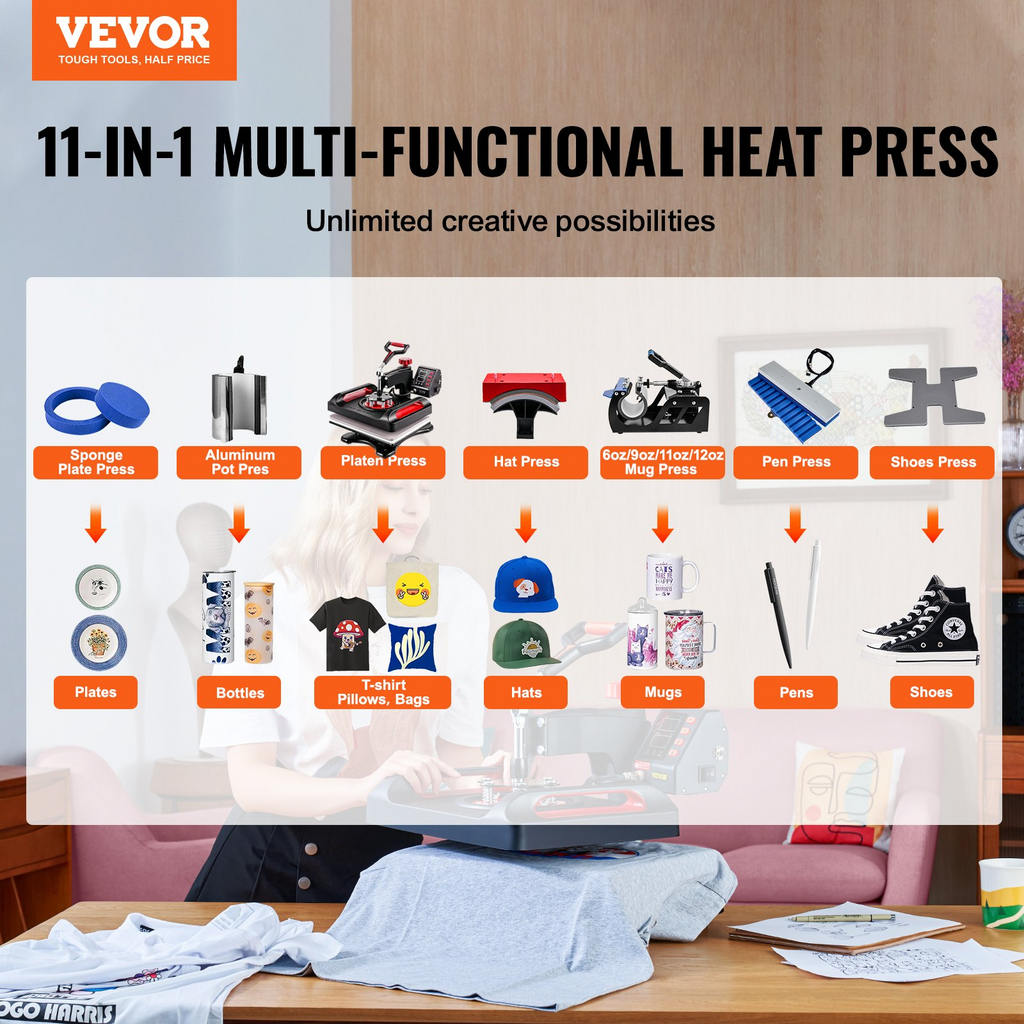 VEVOR Prensa de calor 11 en 1, 12 x 15 pulgadas, impresora multifuncional tipo concha, máquina de transferencia de prensa de calor digital de doble tubo, diseño abatible de 360°