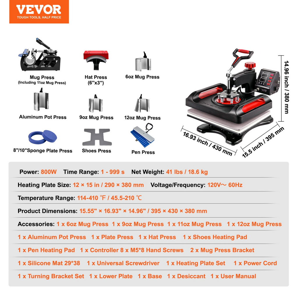 VEVOR Prensa de calor 11 en 1, 12 x 15 pulgadas, impresora multifuncional tipo concha, máquina de transferencia de prensa de calor digital de doble tubo, diseño abatible de 360°