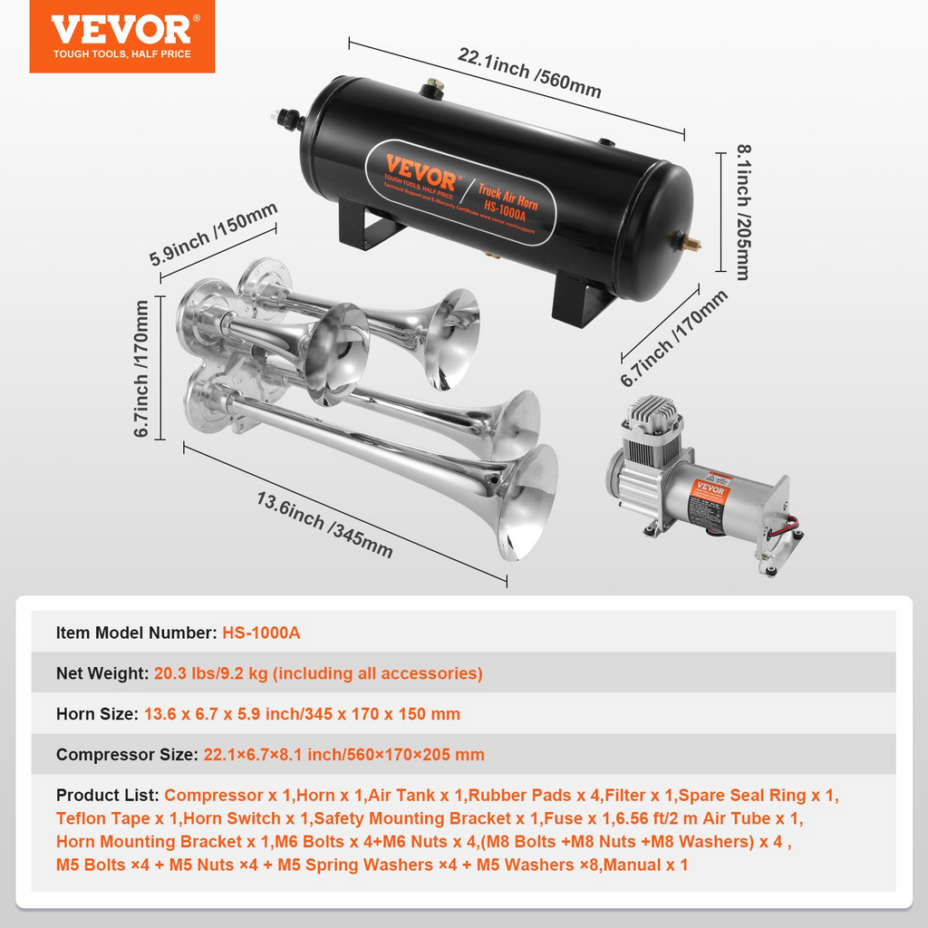 VEVOR Kit de bocinas de tren, kit de bocina de aire de 4 trompetas, bocinas de tren de 150 dB para camionetas, compresor de aire de 12 V, 160 psi, tanque de 2,6 gal/10 L