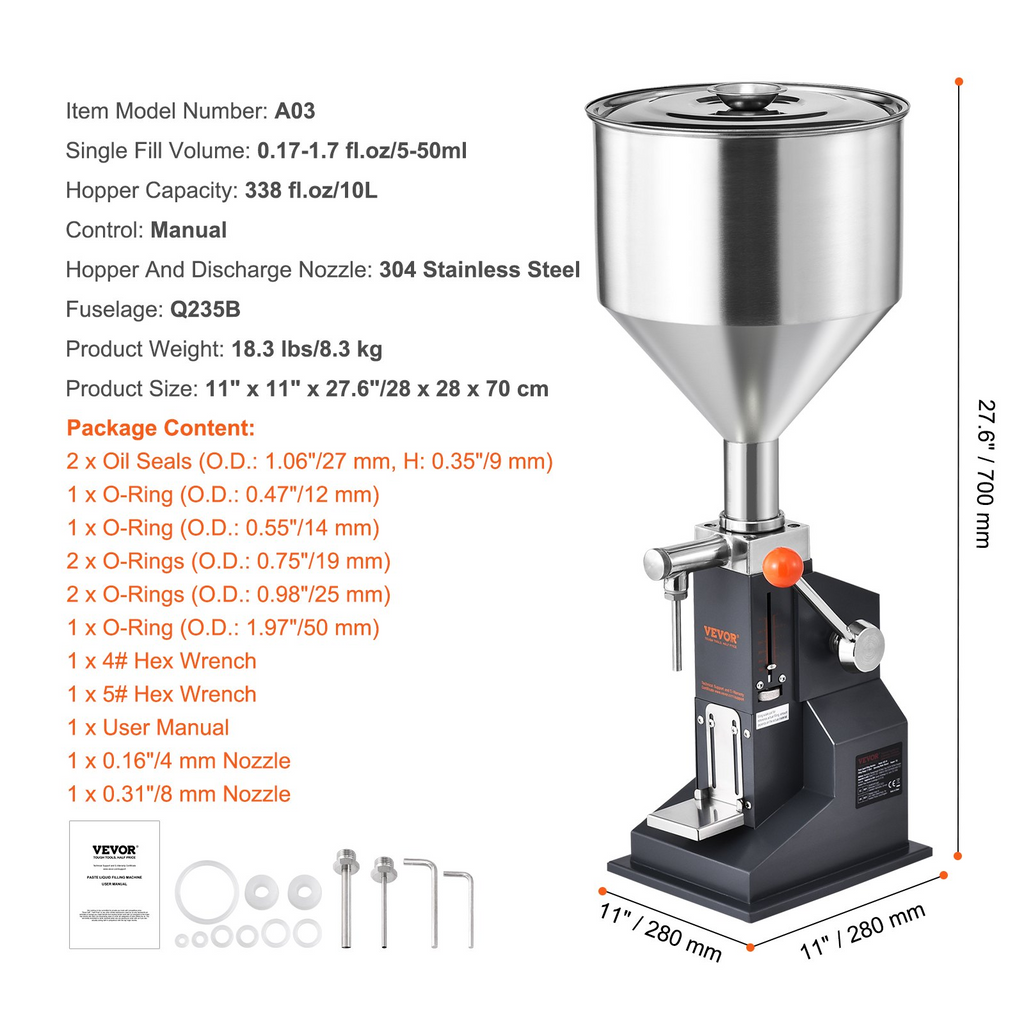 VEVOR Máquina de llenado de líquidos de pasta manual, de 5-50 ml, de acero inoxidable