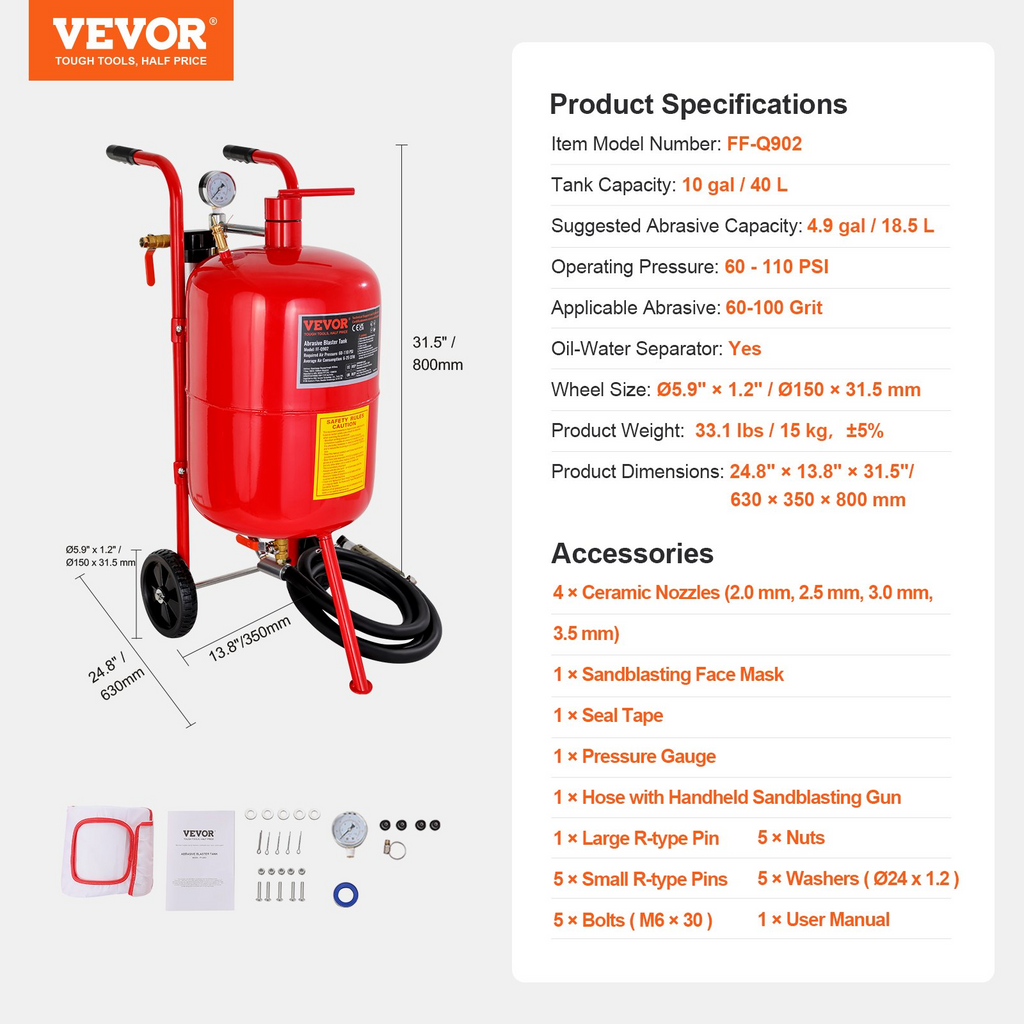 VEVOR Chorro de arena de 10 gal/40 l equipado con válvula de cierre de boquilla Manómetro Boquilla de cerámica Manguera de 2,5 m Embudo de llenado Trampa de agua Ruedas de goma de 6"