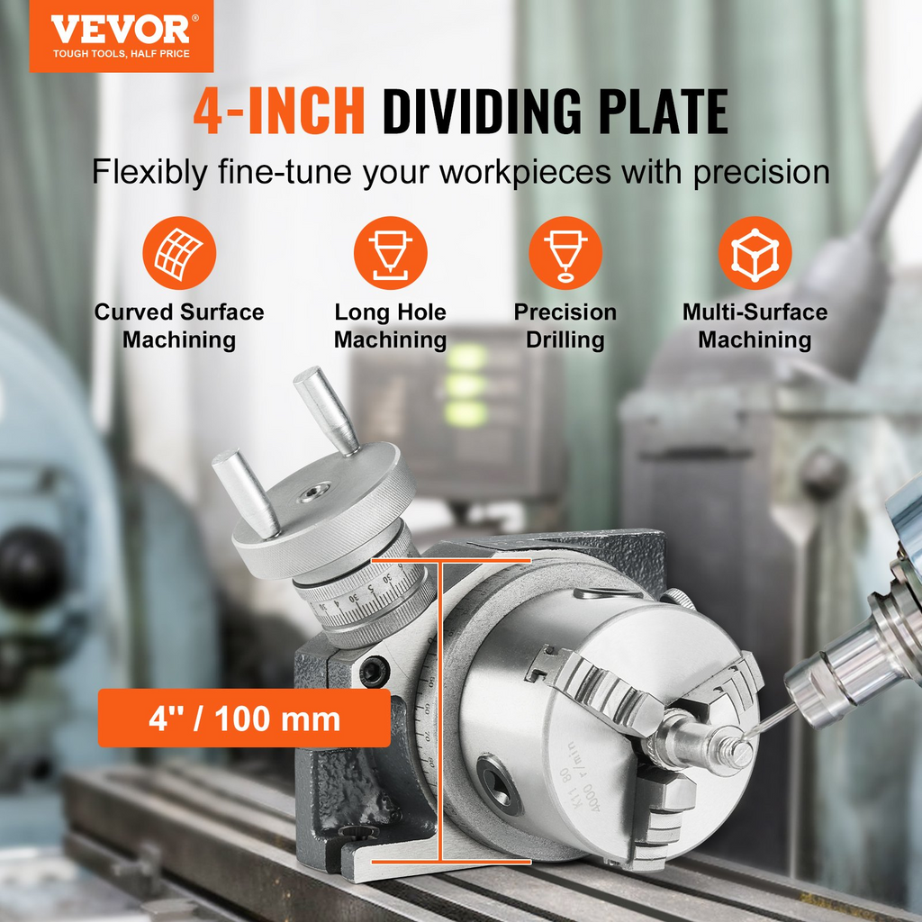 VEVOR Mesa giratoria para fresadoras, 4''/ 100 mm, de precisión modelo vertical horizontal, con portabrocas de 3 mordazas de 3,1''/80 mm Tuercas de pernos en T M10