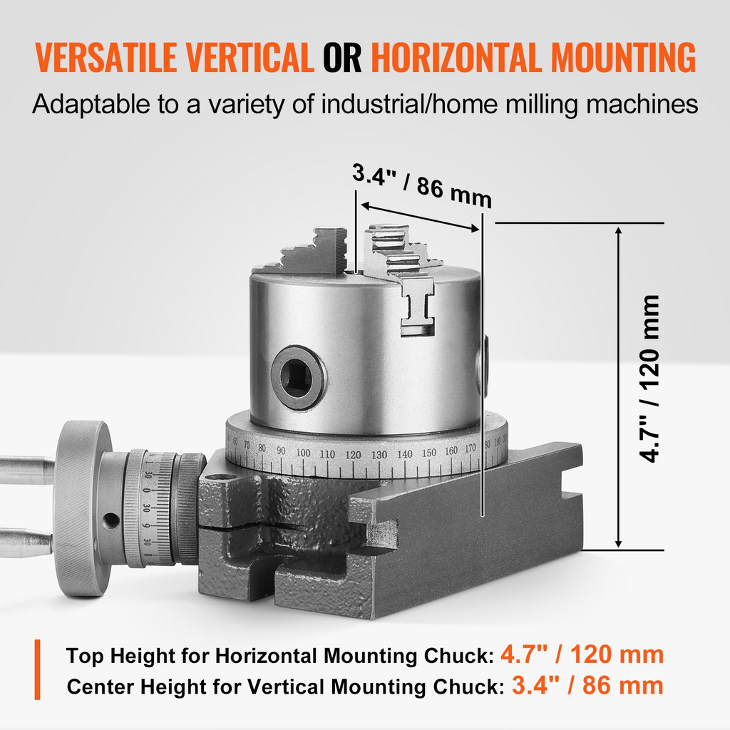 VEVOR Mesa giratoria para fresadoras, 4''/ 100 mm, de precisión modelo vertical horizontal, con portabrocas de 3 mordazas de 3,1''/80 mm Tuercas de pernos en T M10