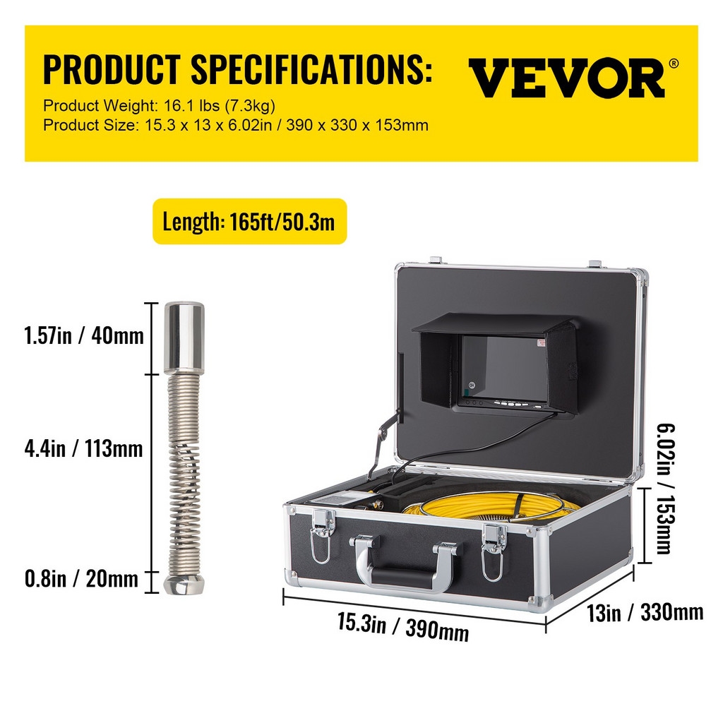 VEVOR Cámara de alcantarillado con localizador, cable de 165' con transmisor y receptor de sonda de 512 Hz con tarjeta SD de 16 GB, monitor LCD 1200TVL de 7 pulgadas, luces LED