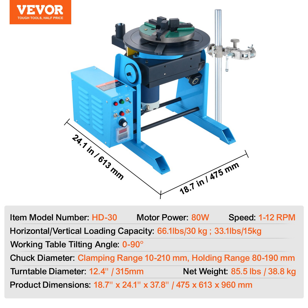 VEVOR Posicionador de soldadura rotativo 30 kg, 1-12 RPM 80 W, con portabrocas de torno de 3 mordazas de 12,4 pulgadas