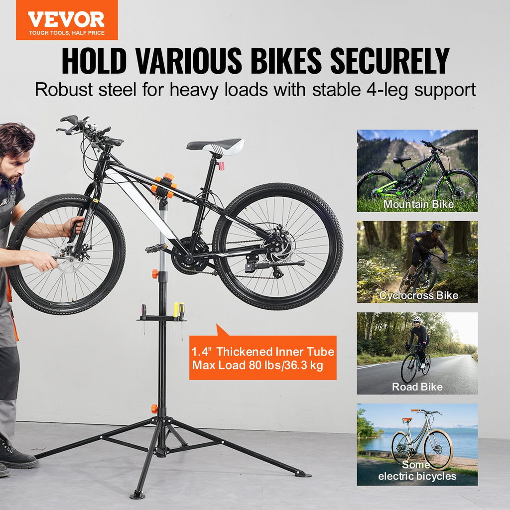 VEVOR Bike Repair Stand, 80 lbs Heavy-duty Steel Bicycle Repair Stand, Adjustable Height Bike Maintenance Workstand with Magnetic Tool Tray Telescopic Arm, Foldable Bike Work Stand for Home, Shops