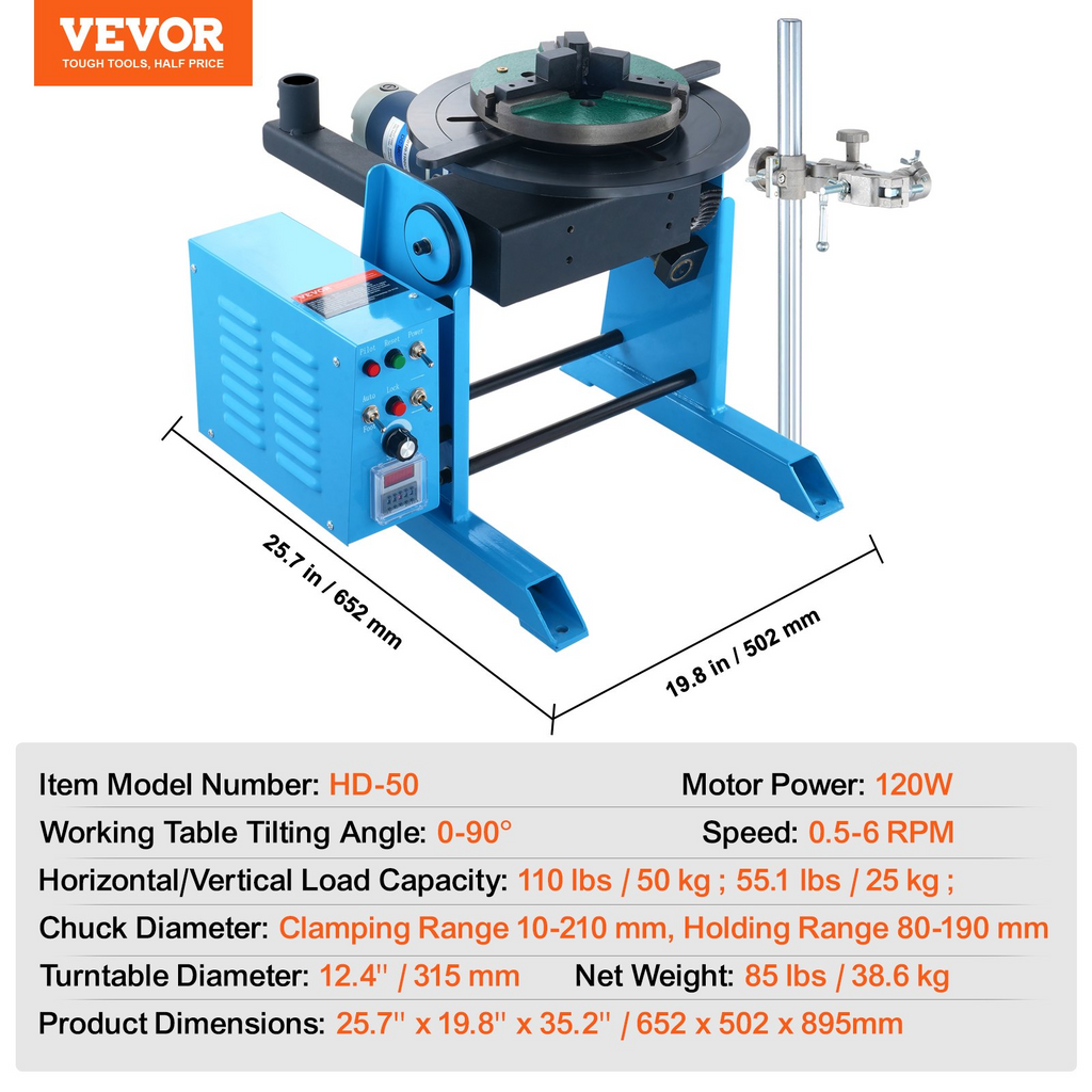 VEVOR Posicionador de soldadura rotativo 50 kg de 0-90° 0,5-6 RPM 120 W, con portabrocas de torno de 3 mordazas  de 12,4 pulgadas