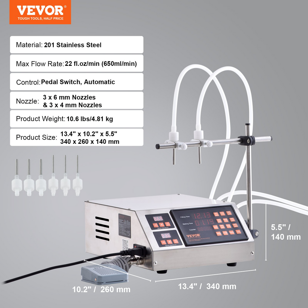 VEVOR Máquina de llenado de líquidos capacidad de llenado de 5-650 ml embotelladora digital para leche, agua, vino, bebidas, salsa de soja (boquilla doble)