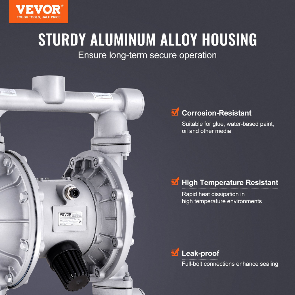 VEVOR Air Operated Double Diaphragm Pump, 44GPM, Max 115PSI Air Waste Oil Pneumatic Transfer Pump with 2 Extra Diaphragms, 1-1/2 inch Inlet & Outlet Aluminum Alloy Diaphragm Pump for Diesel Grease Oil